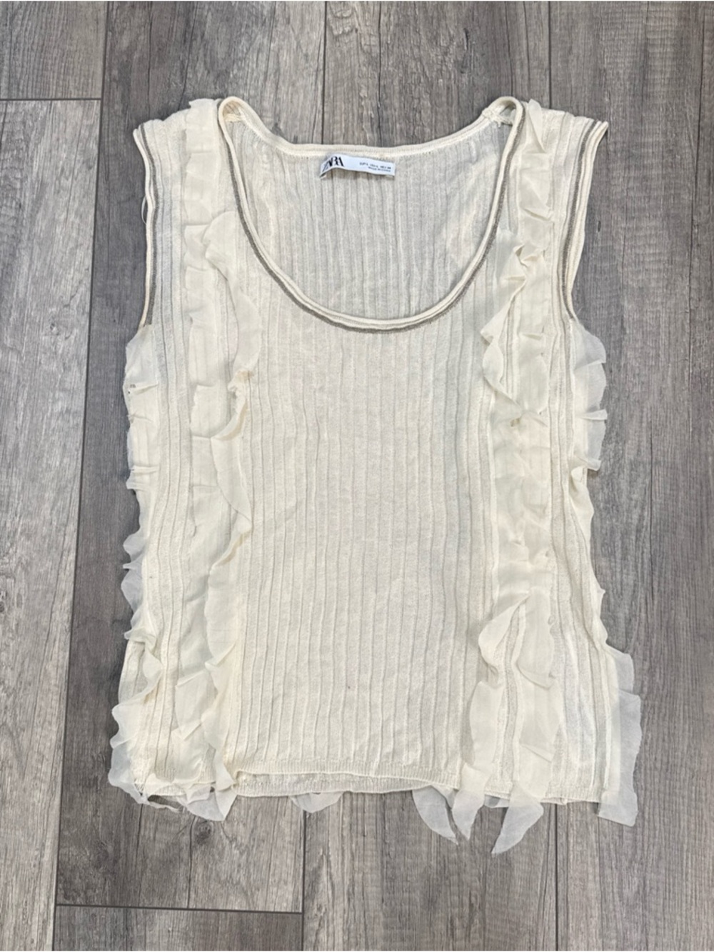 Zara Cream Ruffle-Trim Ribbed Tank Top